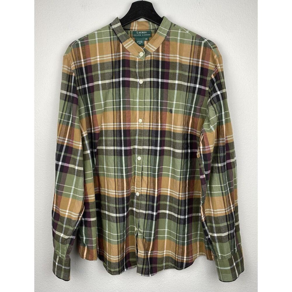 Lauren Ralph Lauren Button Up Shirt Top Womens Size 2X Green Yellow Plaid Preppy